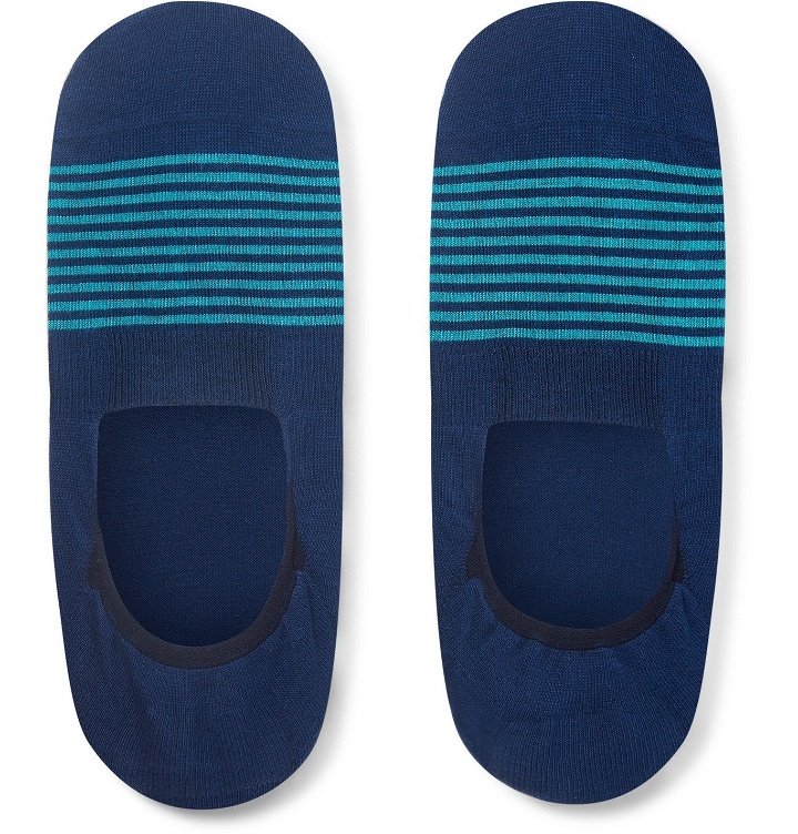 Photo: Pantherella - Striped Stretch Cotton-Blend No-Show Socks - Blue