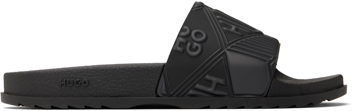 Hugo Black Italian-Made Mixed Logos Pool Slides