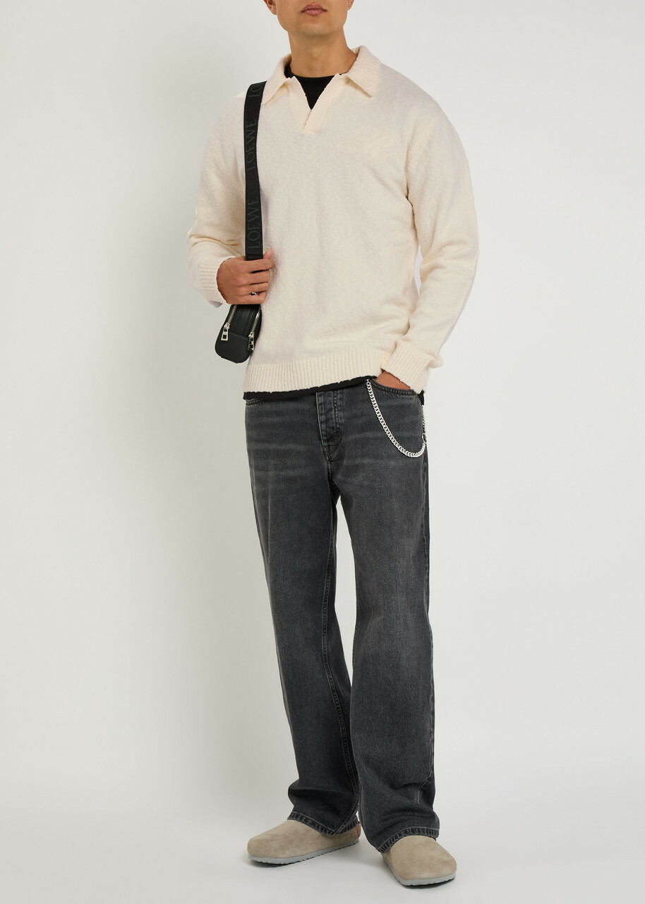 Represent Knitted Logo Bouclé Polo Jumper White