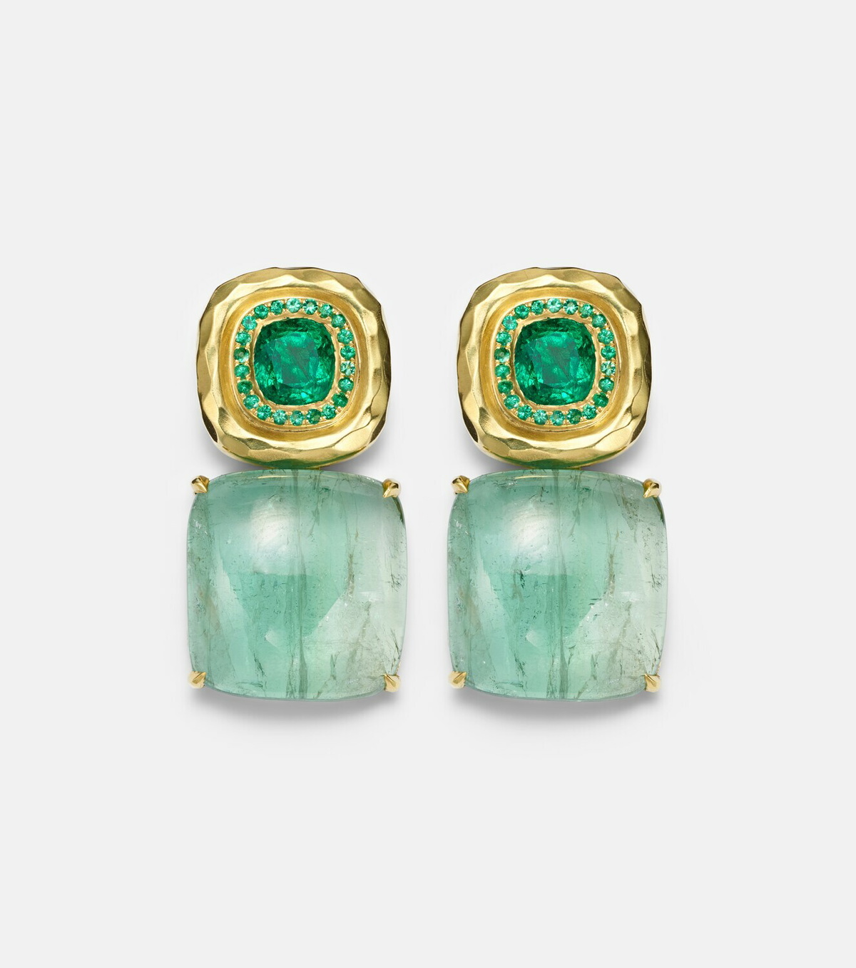 Octavia Elizabeth Double Orbit 18kt gold earrings with tourmaline and emeralds