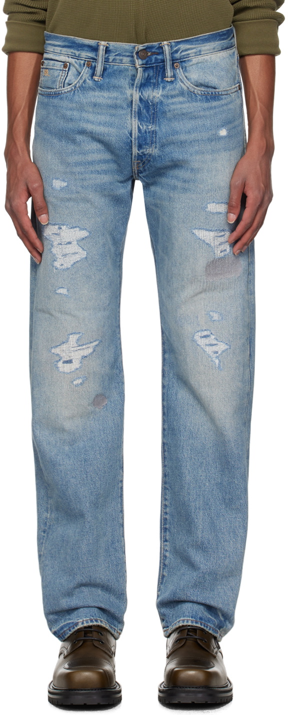 RRL Blue Straight Fit Repaired Jeans RRL