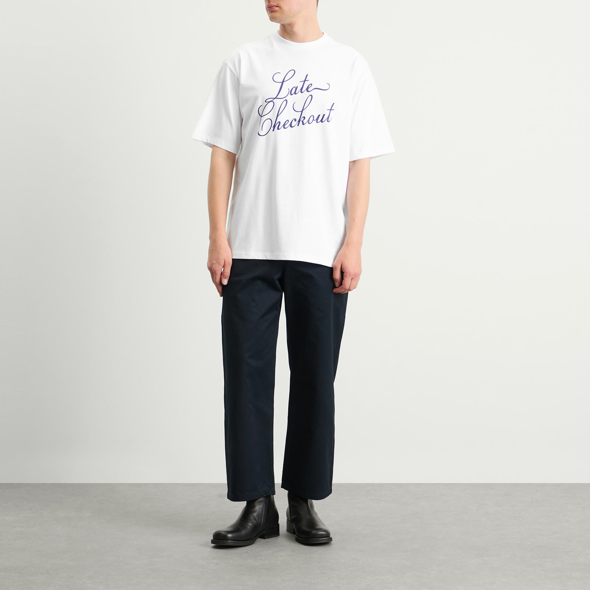 Late Checkout Men's Blue Script T-Shirt in White