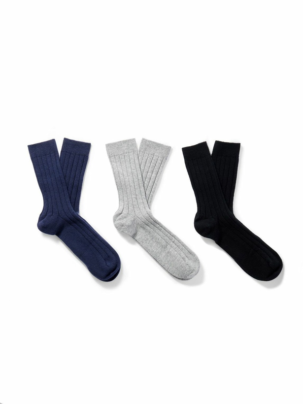 Photo: Johnstons of Elgin - Set of Three Ribbed Cashmere-Blend Socks - Multi