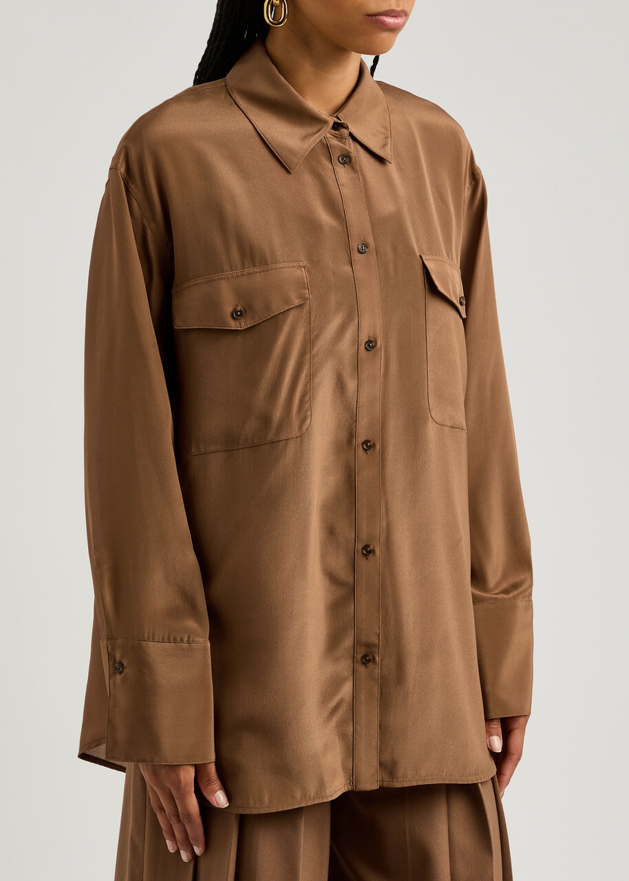 Alice + Olivia Finely Silk-satin Shirt Camel
