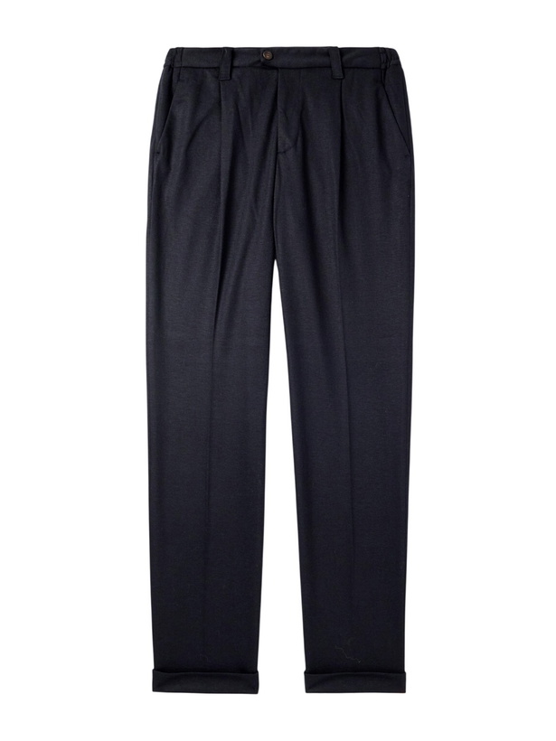Photo: Thom Sweeney - Straight-Leg Pleated Wool-Blend Jersey Trousers - Blue