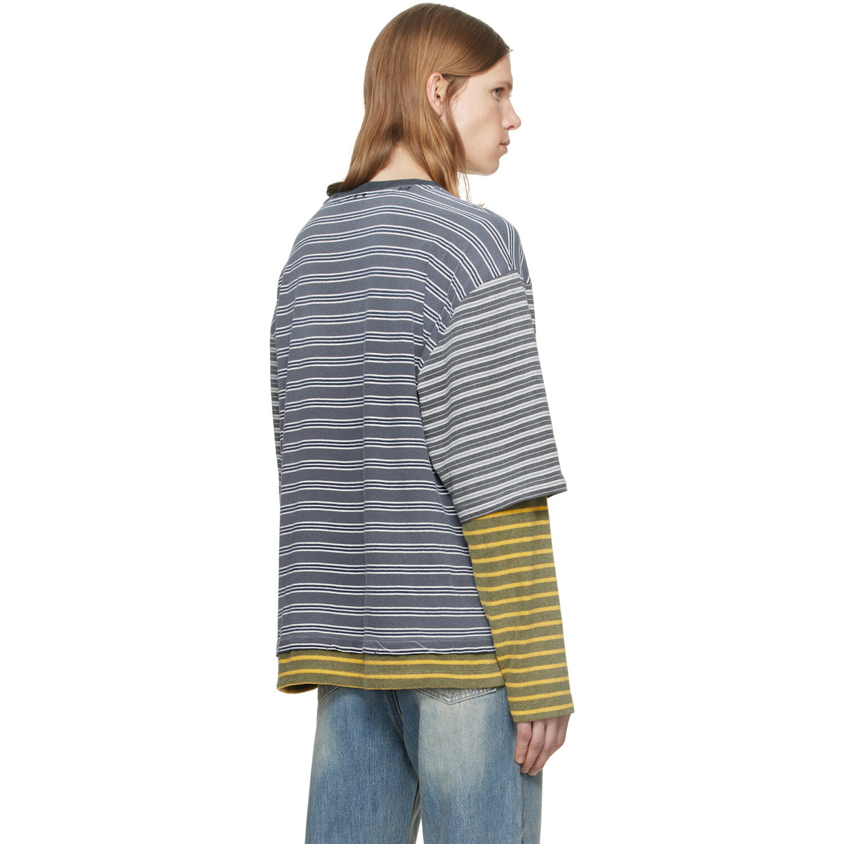We11done Gray Contrast Striped Layered T-Shirt