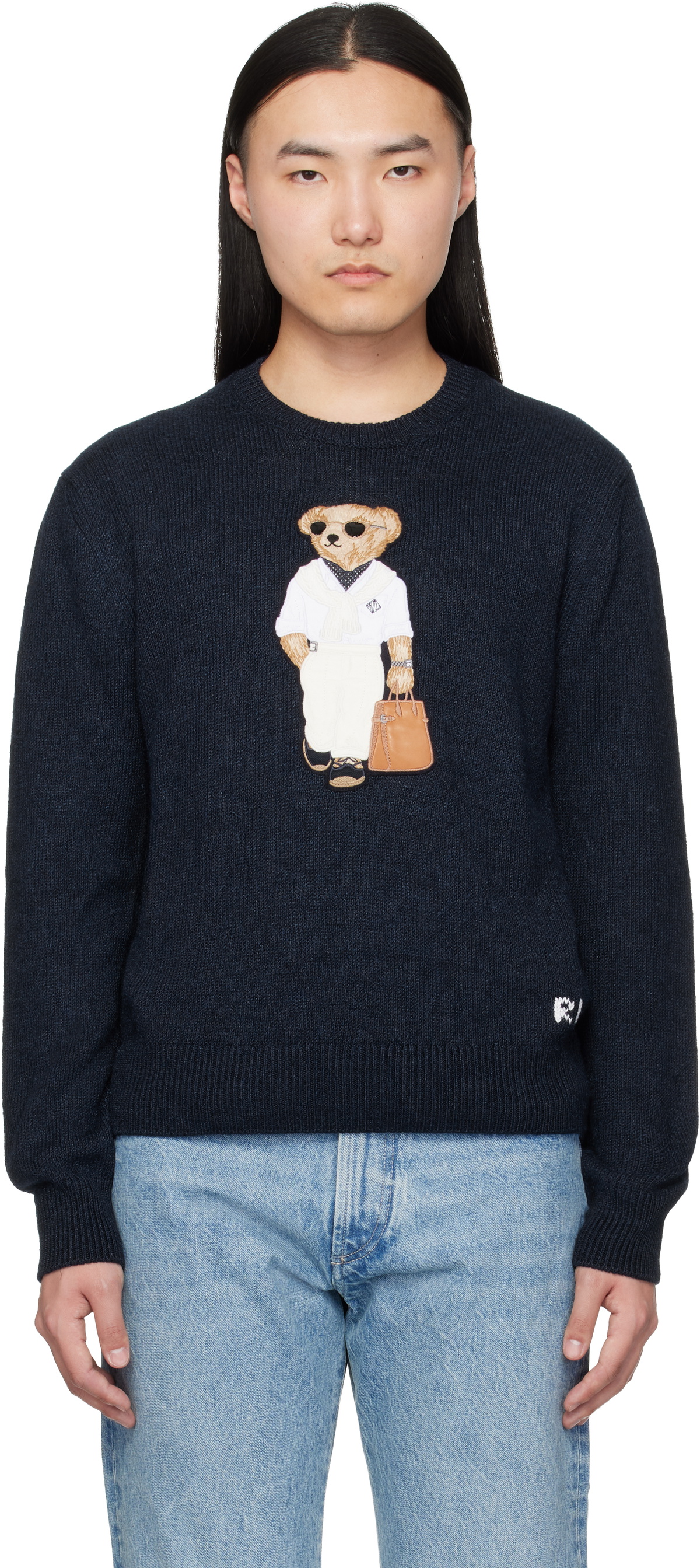 Ralph Lauren Purple Label Navy 'Polo Bear' Silk-Linen Sweater