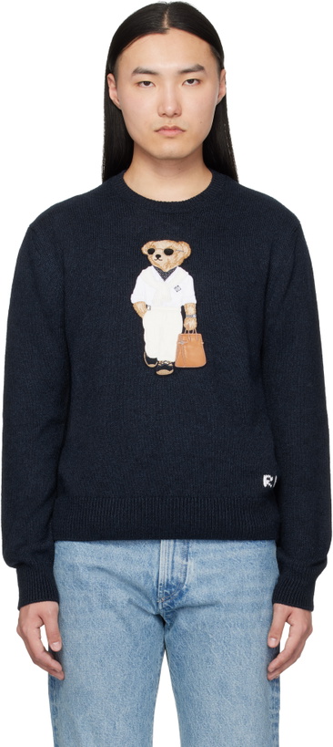 Photo: Ralph Lauren Purple Label Navy 'Polo Bear' Silk-Linen Sweater