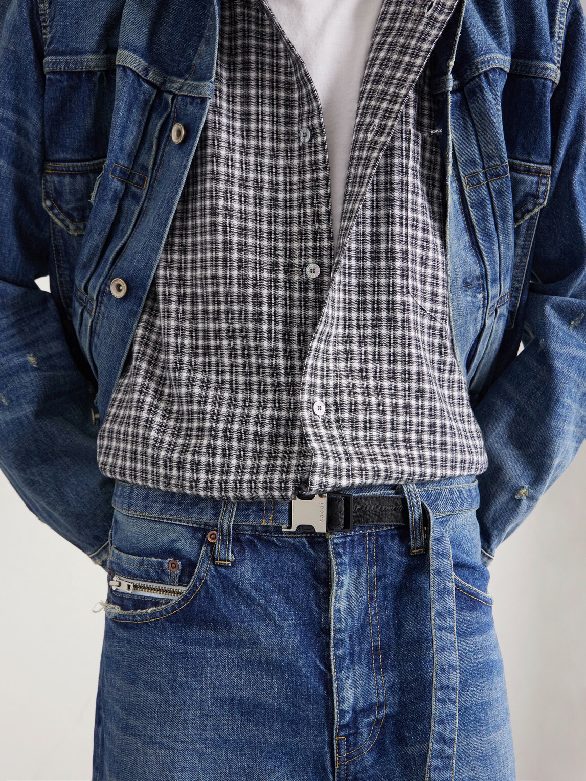Sacai - BEYONDEXX Wide-Leg Belted Distressed Jeans - Blue