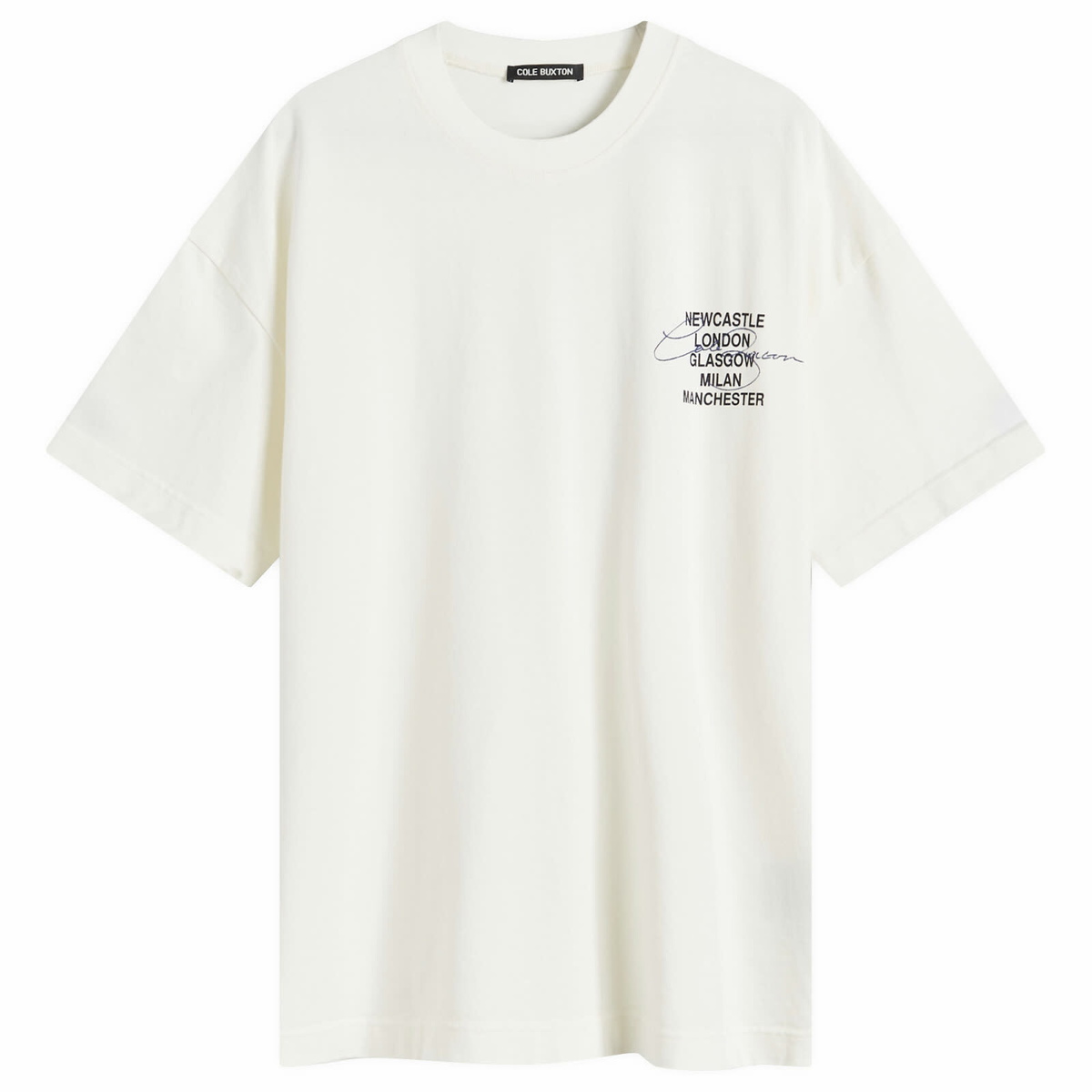 END. x Cole Buxton Signature City T-Shirt in Vintage White - Blue Text