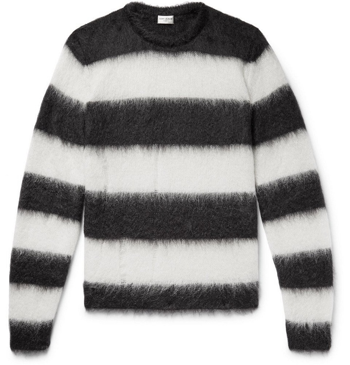 Photo: SAINT LAURENT - Distressed Striped Mohair-Blend Sweater - Black