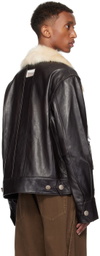 NULLUS Black Detachable Faux-Fur Collar Leather Jacket