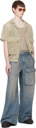 Reese Cooper Blue Washed Denim Patch Pocket Belted Cargo Jeans