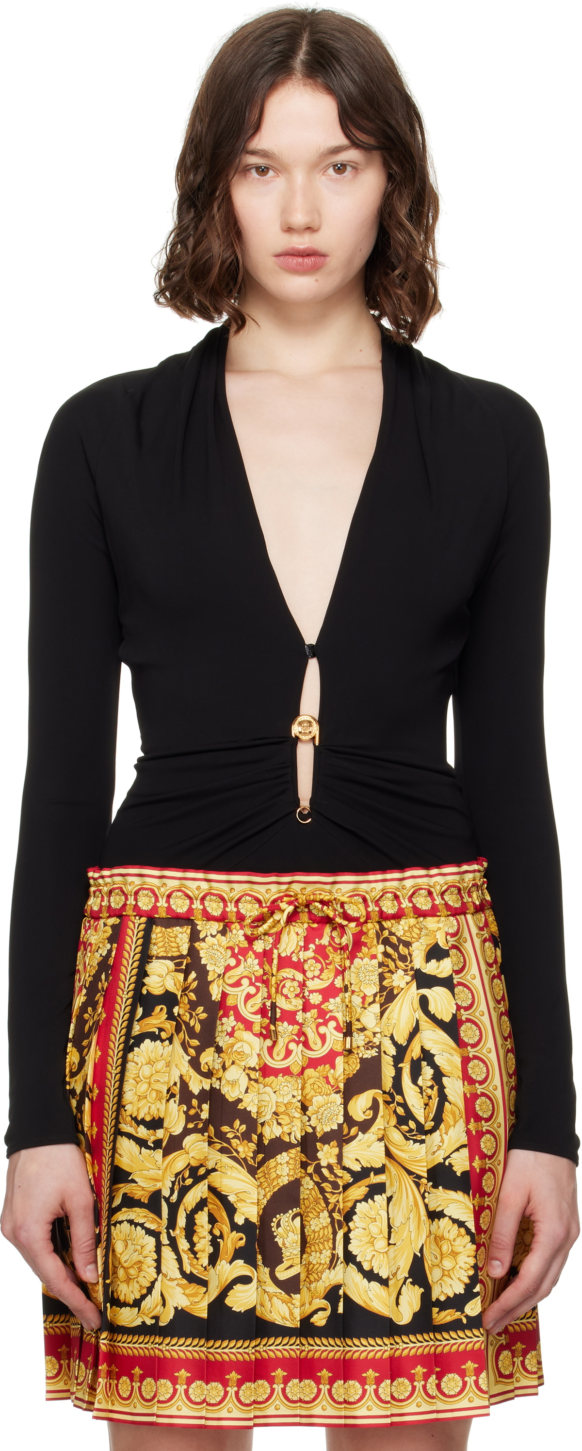 Versace Black Safety Pin Draped Fitted Bodysuit
