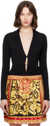 Versace Black Safety Pin Draped Fitted Bodysuit
