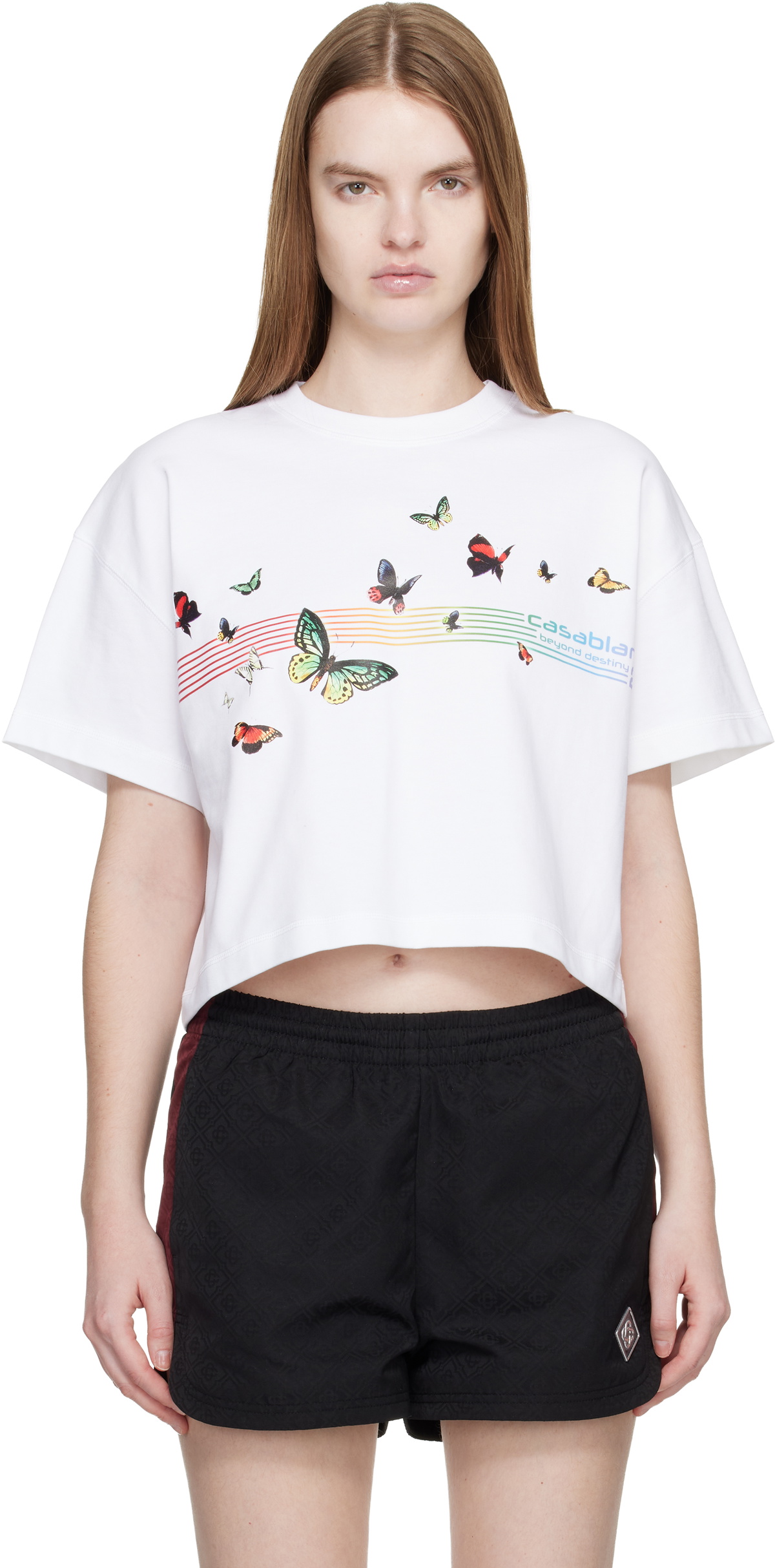 Casablanca White Butterfly Boxy Cropped T-shirt