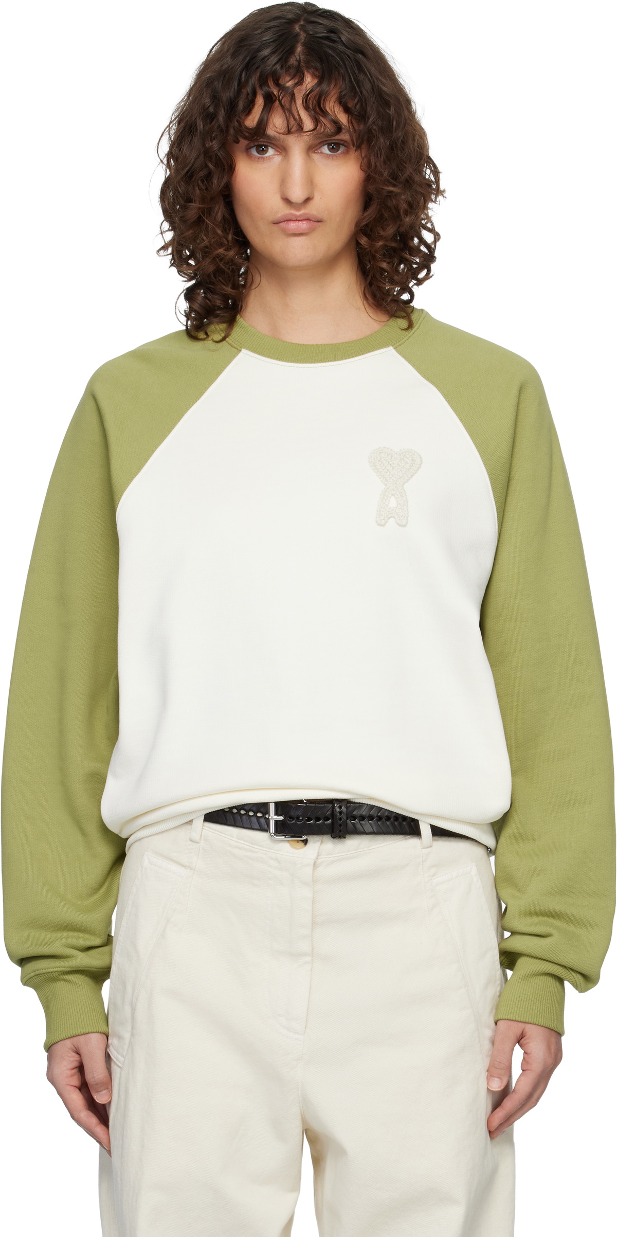 AMI Paris Off-White & Navy Cotton Knitted Ami de Coeur Sweatshirt