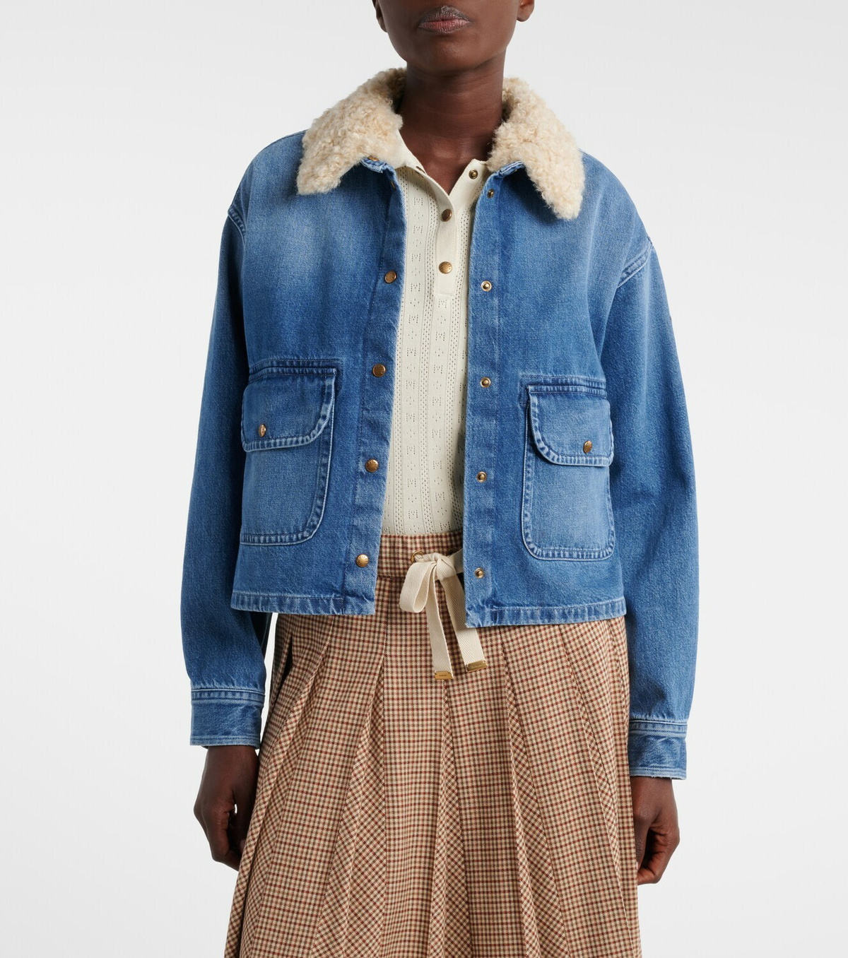 Moncler Teddy-trimmed denim shirt