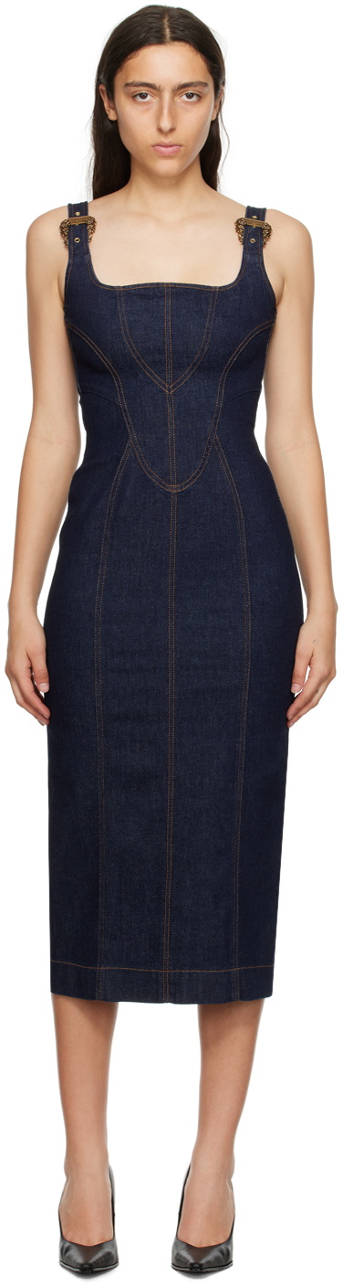 Versace Jeans Couture Indigo Baroque Buckle Denim Midi Dress