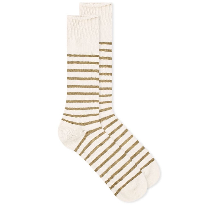 Photo: Anonymous Ism Recycled Cotton Stripe Crew Sock in Khaki
