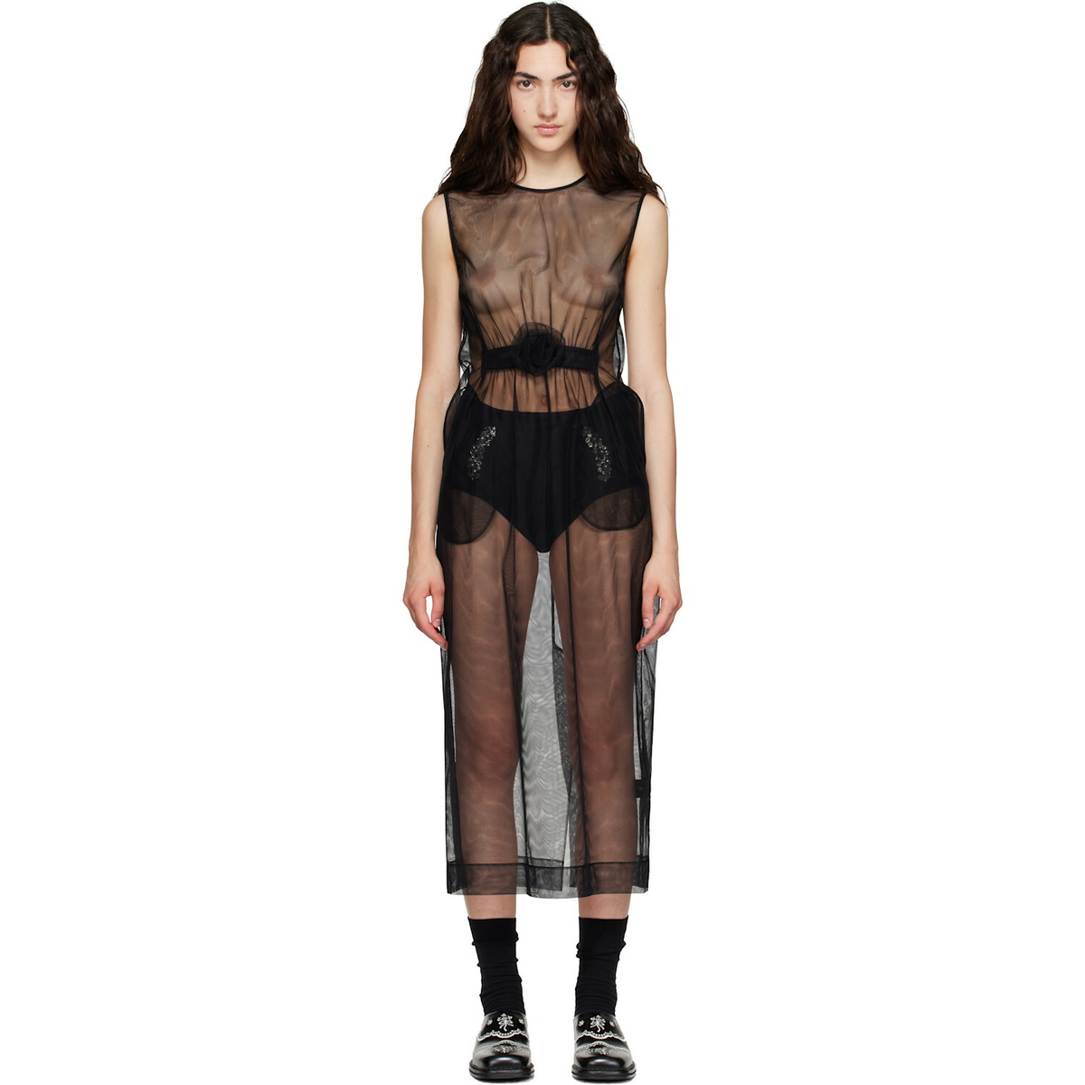 Simone Rocha Black Gathered Rose Contour Midi Dress