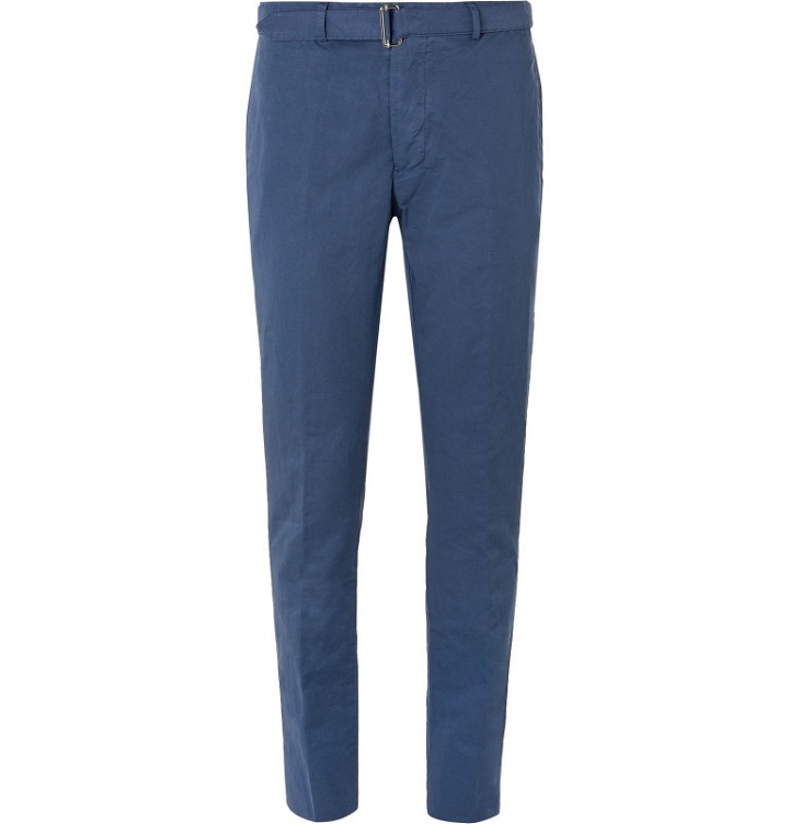 Photo: Officine Generale - Paul Slim-Fit Belted Garment-Dyed Cotton and Linen-Blend Suit Trousers - Blue