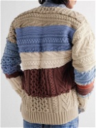Greg Lauren - Shawl-Collar Denim-Trimmed Patchwork Cable-Knit Cotton Cardigan - Multi