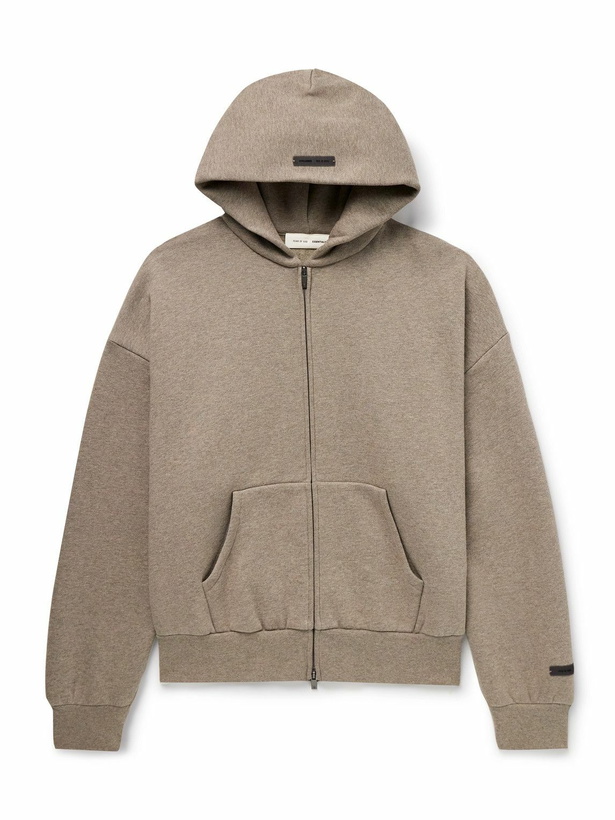 Photo: FEAR OF GOD ESSENTIALS - Logo-Appliquéd Cotton-Blend Jersey Zip-Up Hoodie - Brown