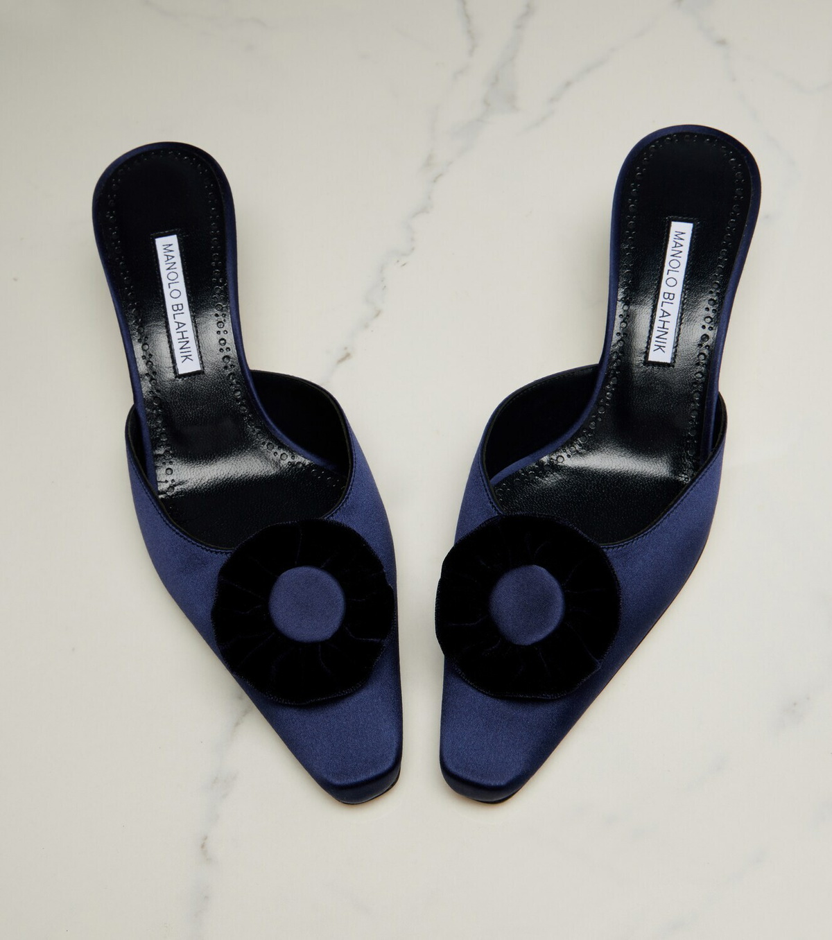 Manolo Blahnik Caulon floral-appliqué silk satin mules