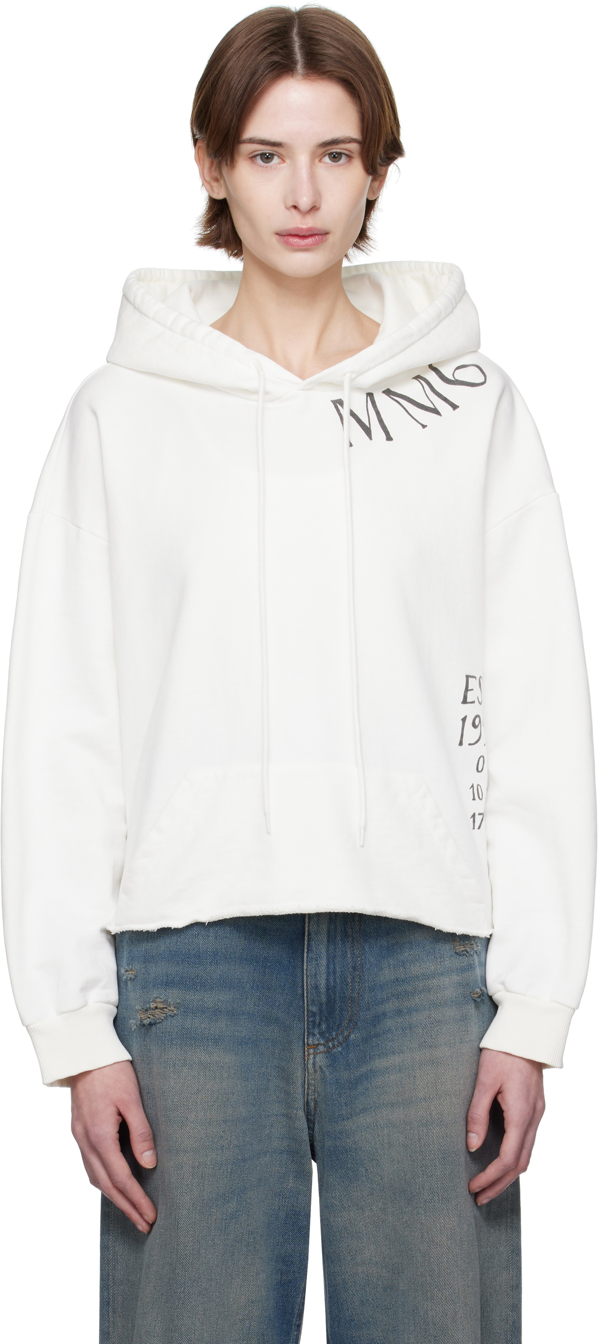 MM6 Maison Margiela White Raw Hem Hand Painted Logo Hoodie