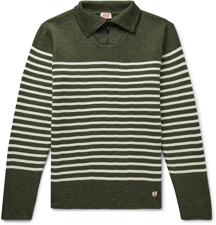 Photo: Armor Lux - Logo-Appliquéd Striped Wool Half-Zip Sweater - Green