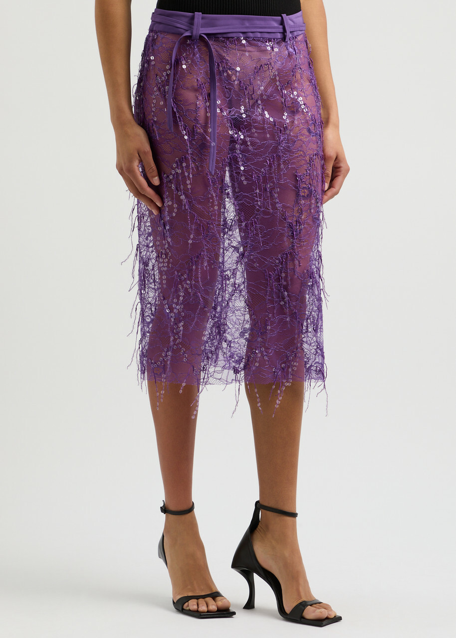 Christopher Esber Sequin-embellished Fringed Lace Midi Skirt