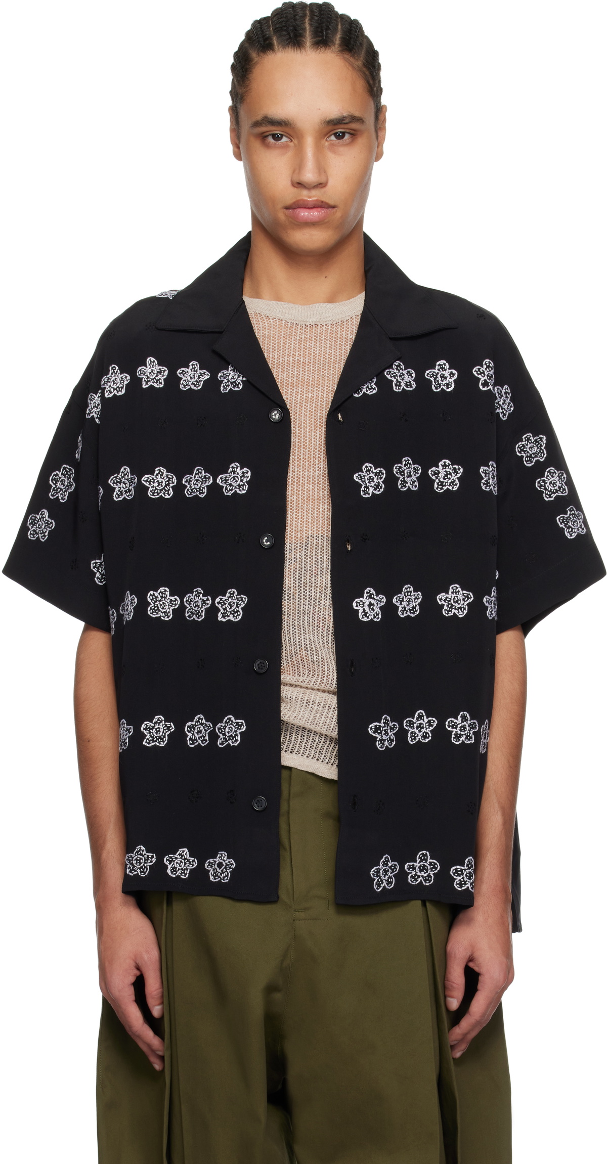 Glass Cypress Black Silk Flower Bowling Shirt