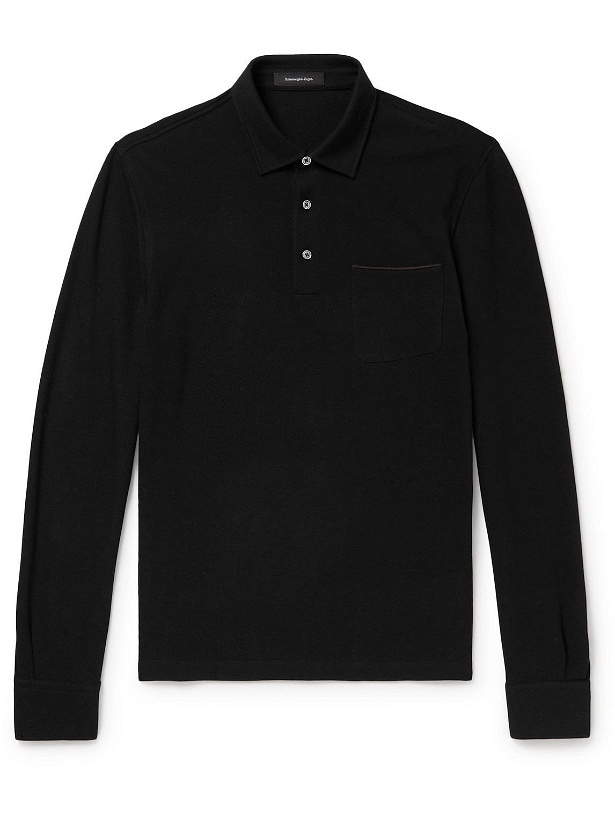 Photo: Ermenegildo Zegna - Leather-Trimmed Cotton-Piqué Polo Shirt - Black