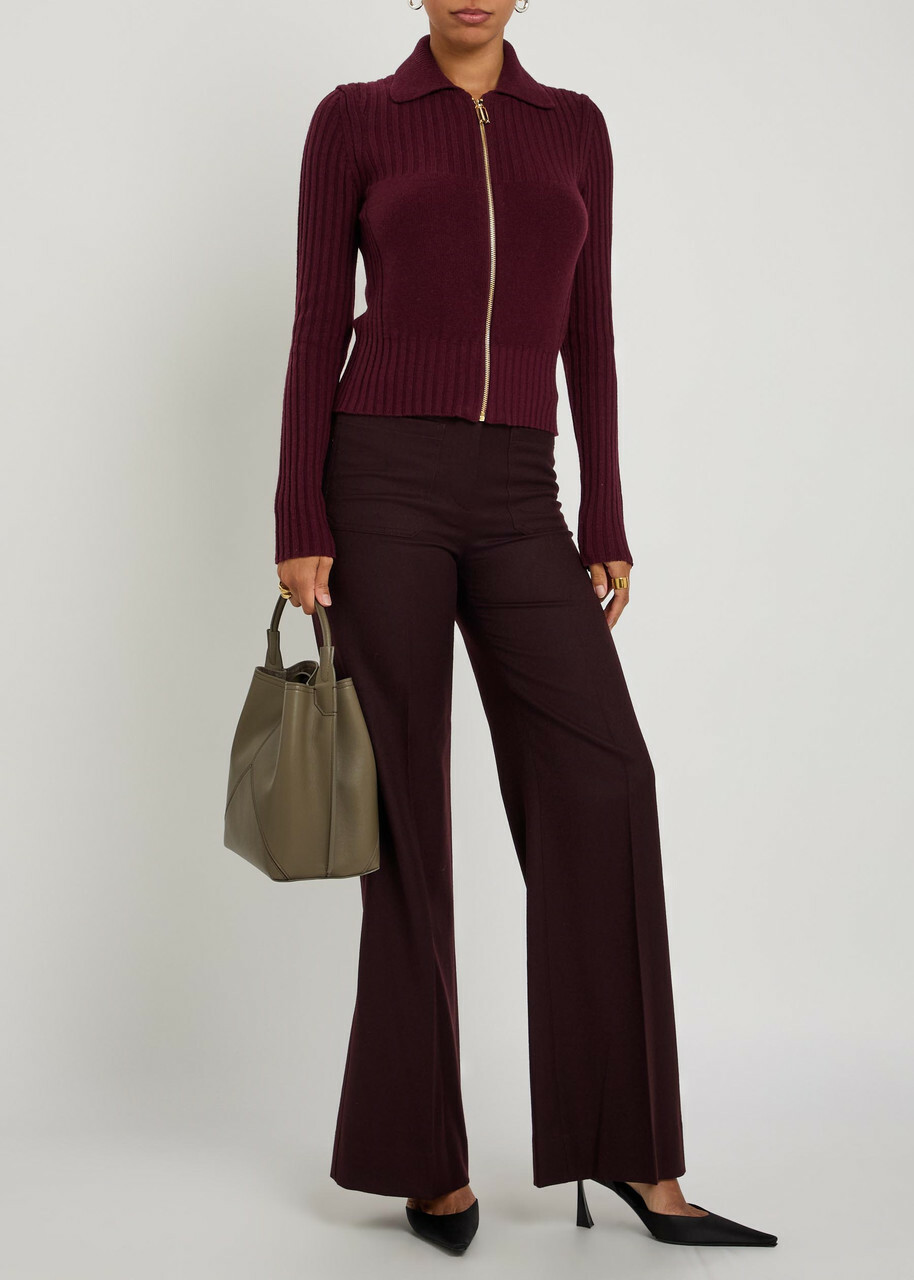 Victoria Beckham Ribbed Wool-blend Cardigan Bordeaux