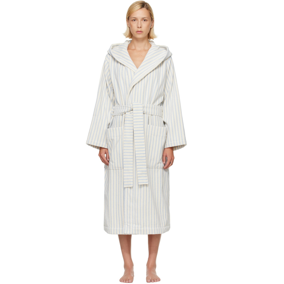 Tekla White & Blue Terry Hooded Bathrobe