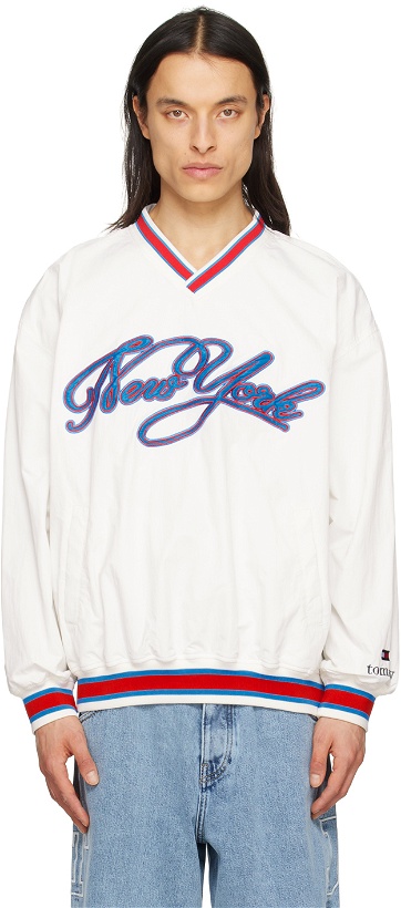 Photo: Tommy Jeans White Embroiderd Varsity Sweater