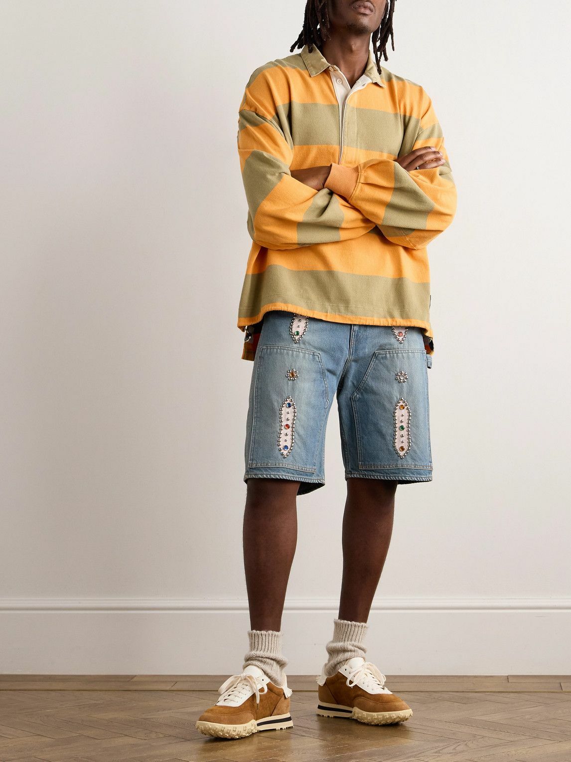 KAPITAL - Straight-Leg Leather-Trimmed Embellished Denim Shorts - Blue