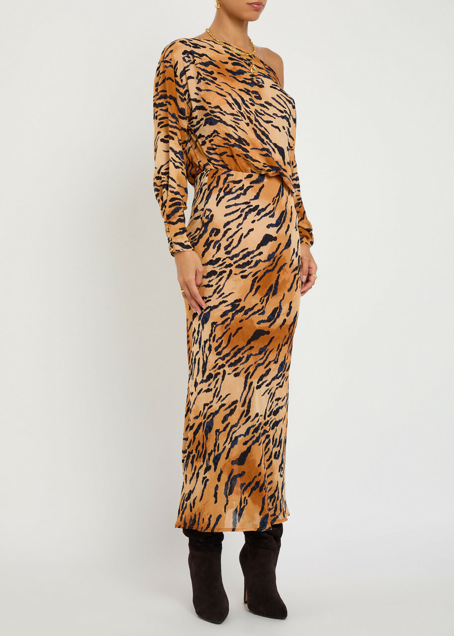 Never Fully Dressed Tilly Tiger-print Chiffon Midi Dress Brown