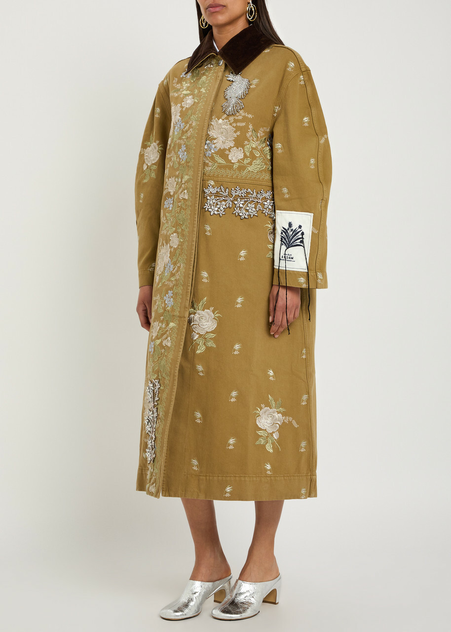 Erdem Embroidered and Embellished Denim Overcoat Camel
