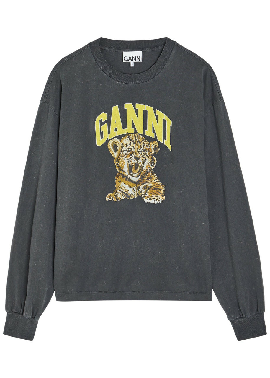 Ganni Printed Long-sleeve Cotton T-shirt Black
