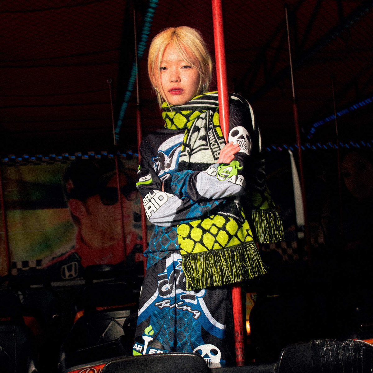 END. x Aries Moto Dodgem Scarf in Black/Green 