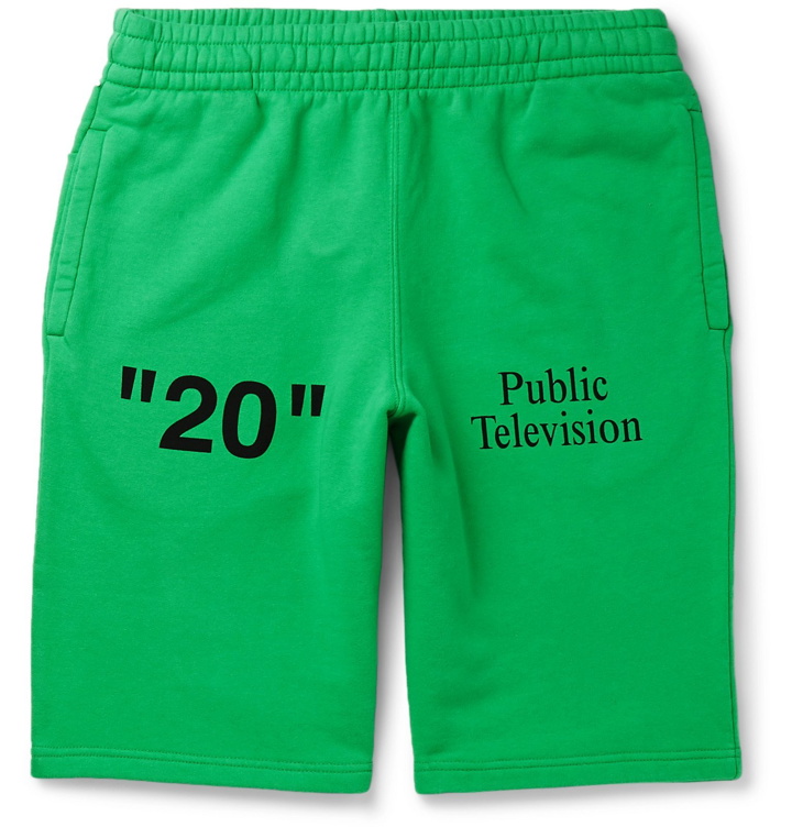 Photo: Off-White - Printed Embroidered Fleece-Back Cotton-Jersey Shorts - Green