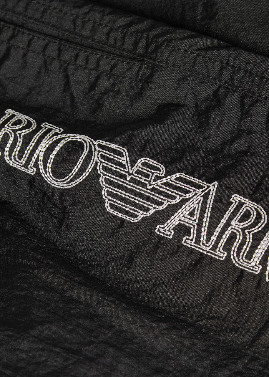 Emporio Armani Logo-embroidered Crinkled Nylon Swim Shorts Black