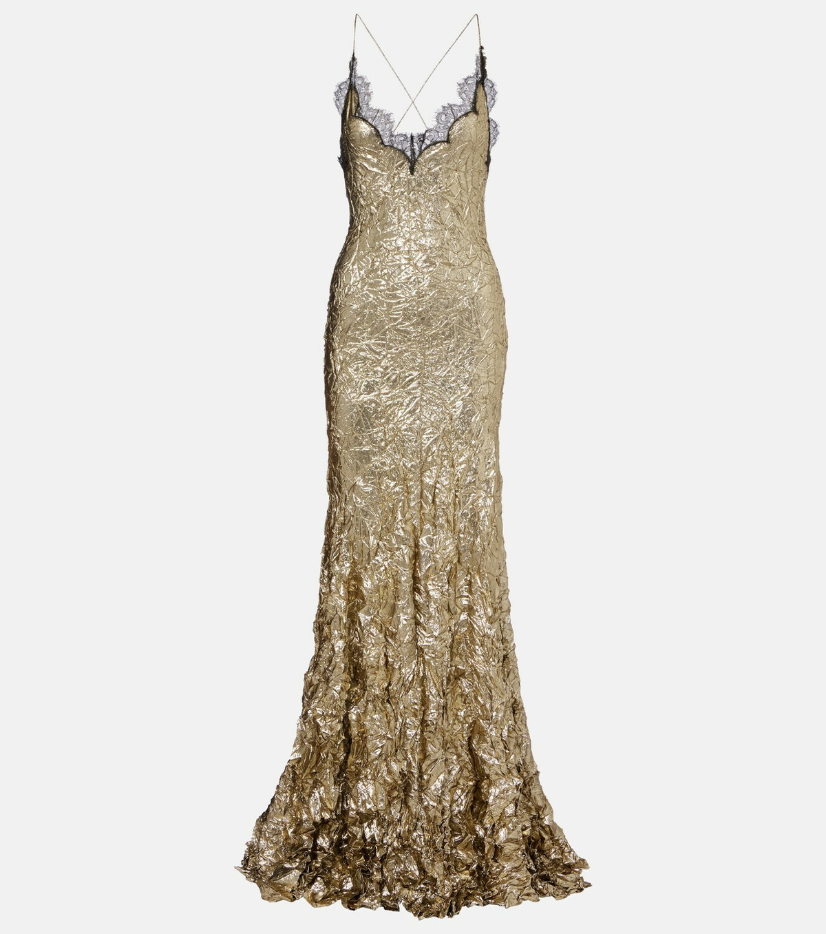 Roberto Cavalli Lace-trimmed silk-blend gown