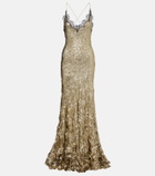Roberto Cavalli Lace-trimmed silk-blend gown