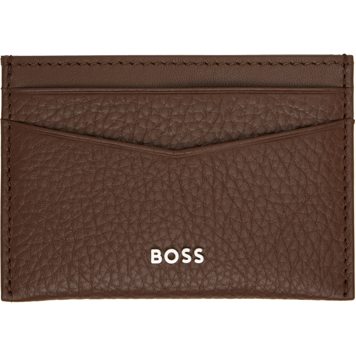 BOSS Brown Grained-Leather Metal Logo Card Holder