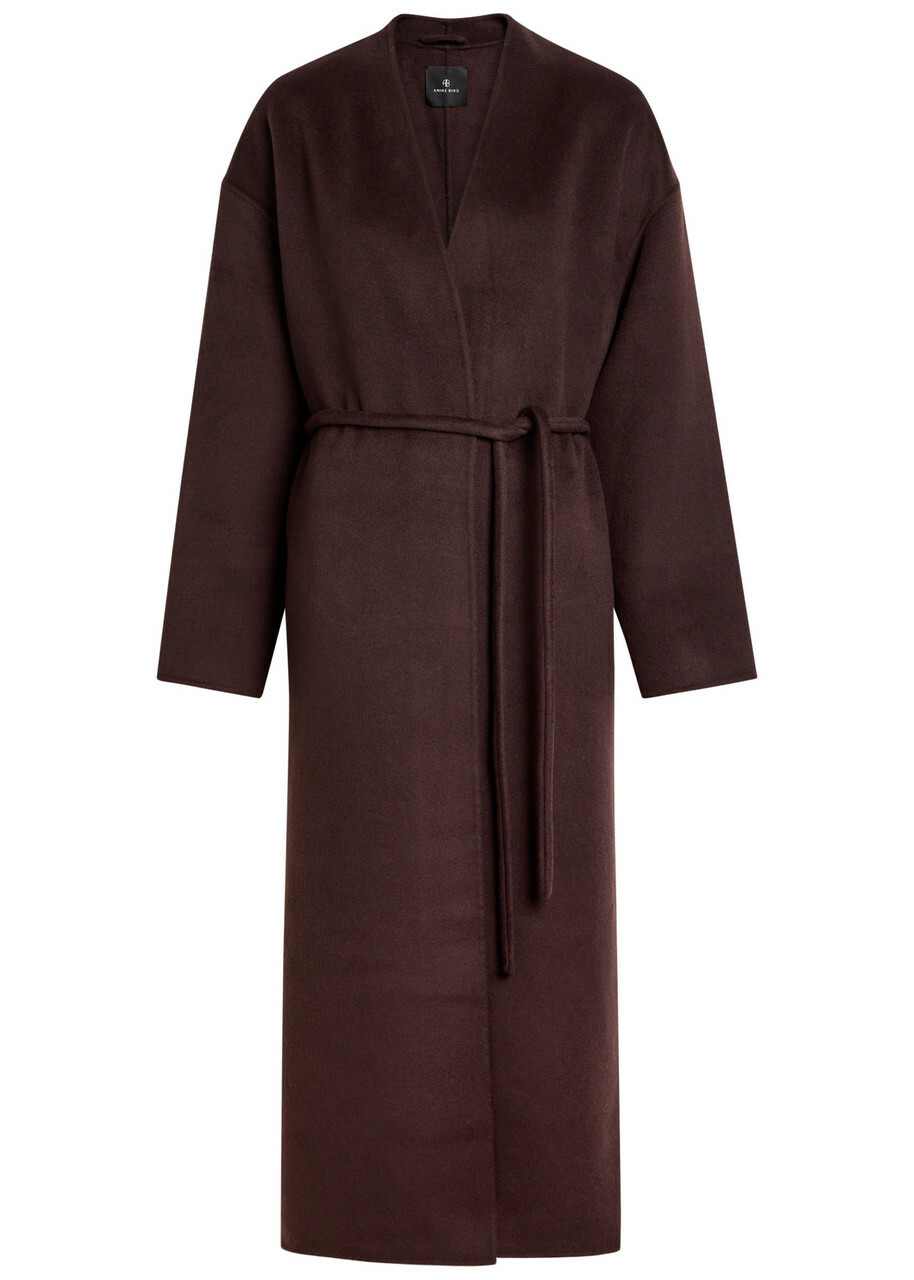 Anine Bing Hunter Belted Wool and Cashmere-blend Coat Dark Brown