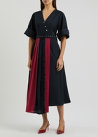 Lovebirds Shogun Belted Woven Midi Dress Navy