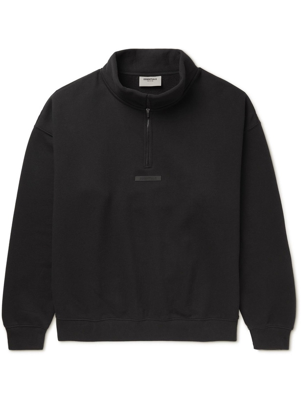 Photo: FEAR OF GOD ESSENTIALS - Logo-Detailed Cotton-Blend Jersey Mock-Neck Half-Zip Sweatshirt - Black